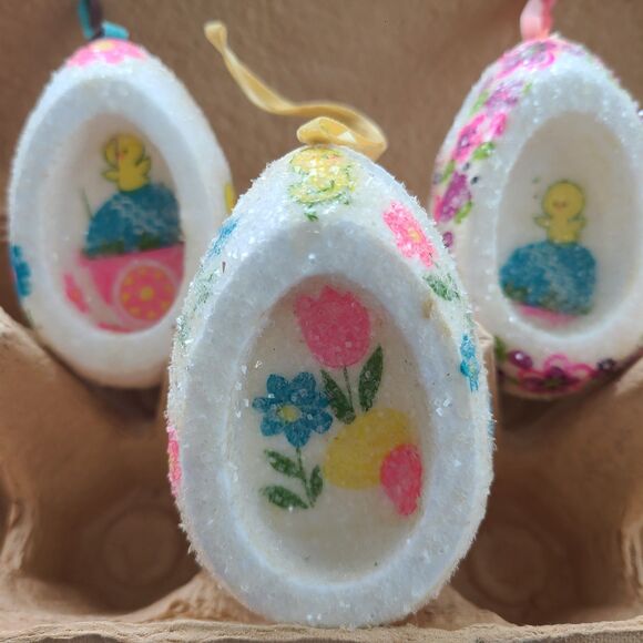 Vintage Large Sugared Glitter Foam Mod Eggs Floral Easter Decoupage Handmade - Picture 4 of 9